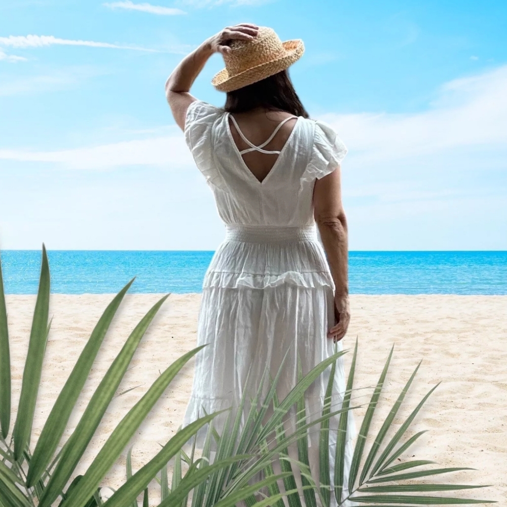 J Gee White Textured Tiered Ruffled V Neck Maxi Dress Size XL - Picture 3 of 10